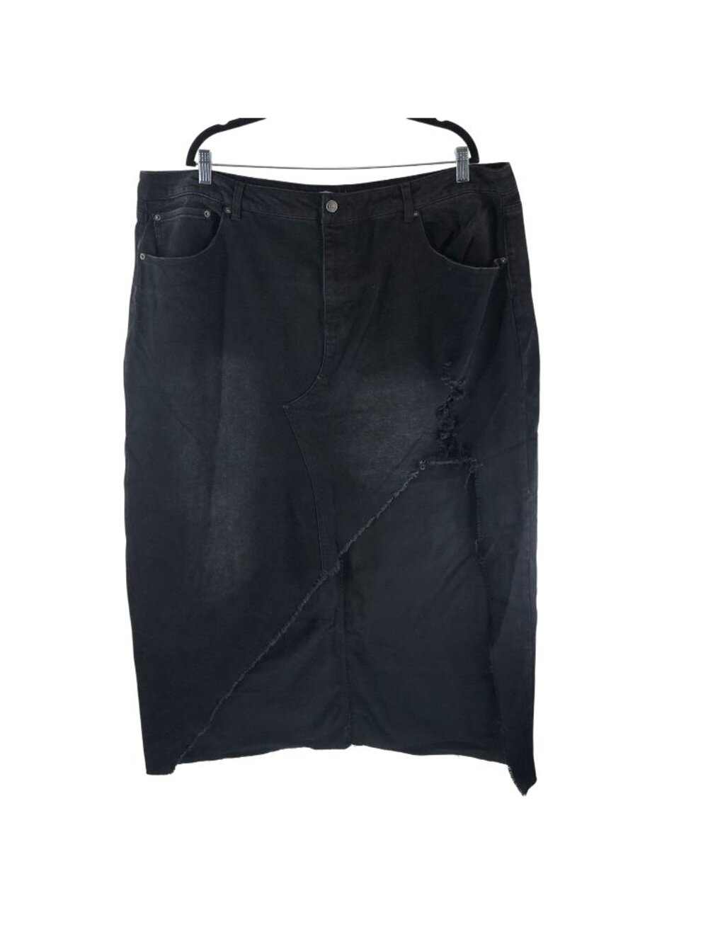 Forever 21 Plus Black Asymmetrical Frayed Hem Denim Maxi Skirt 4X Womens Stretch